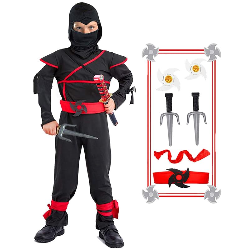 SATKULL Kids Ninja Costumes with Halloween Ninja Accessories for Boys Dress up Best boys Gifts (kids-L-8/9T Black) - Image 1